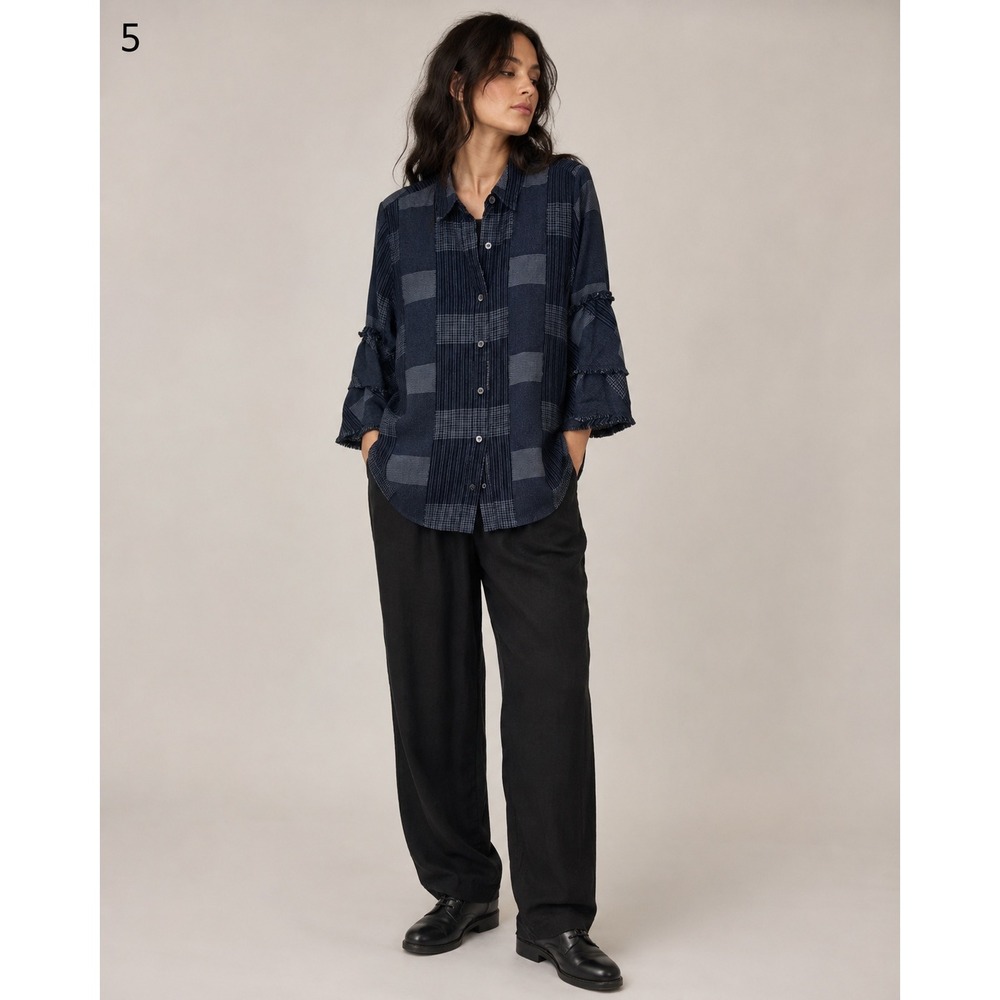 Dylan Patchwork Ruffle Sleeve Button Front Shirt Top Womens S Black Gray Plaid